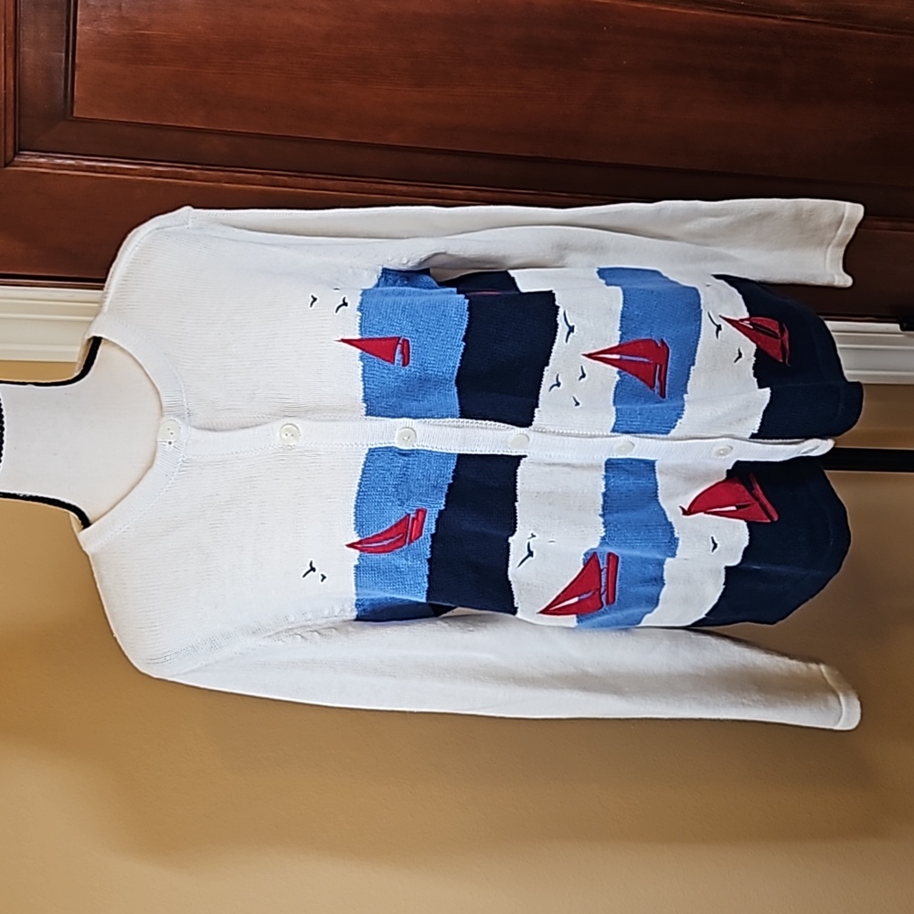 BRECKENRIDGE SWEATER BUTTON DOWN SAILBOATS LAKE S SMALL BLUE RED WHITE